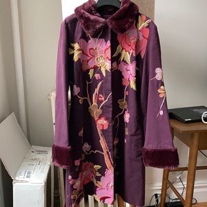 Anthropologie embroidered coat with faux fur trim